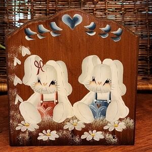 Handpainted Folk Bunny Rabbit Napkin Holder Wood Organizer Country